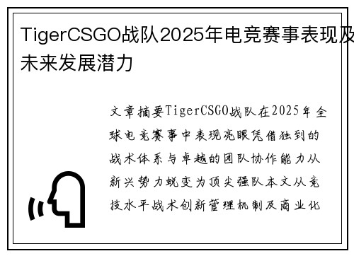 TigerCSGO战队2025年电竞赛事表现及未来发展潜力