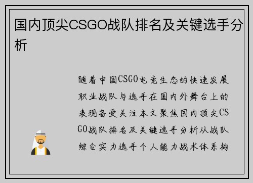 国内顶尖CSGO战队排名及关键选手分析